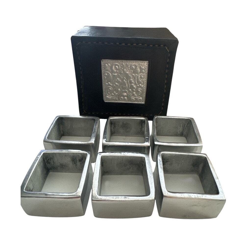 Rare Stitched Leather Box with Six Stainless Napkin Holders
